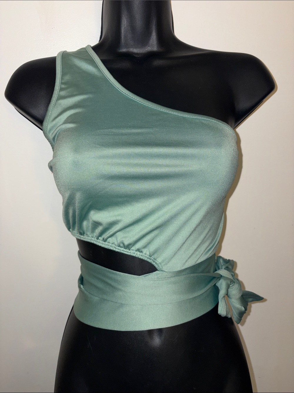 One-Shoulder Mint Green Wrap Crop Top